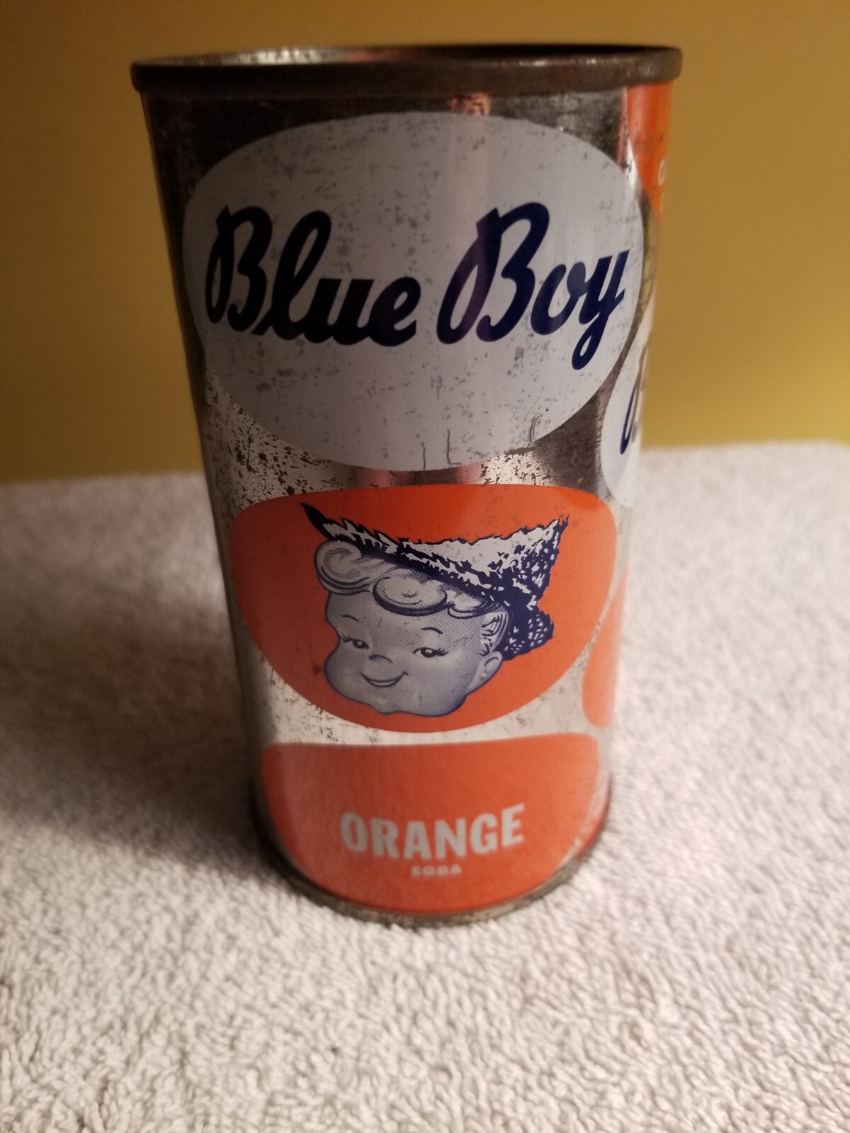 Vintage 1950s Blue Boy Orange Soda Can Curtice-Burns