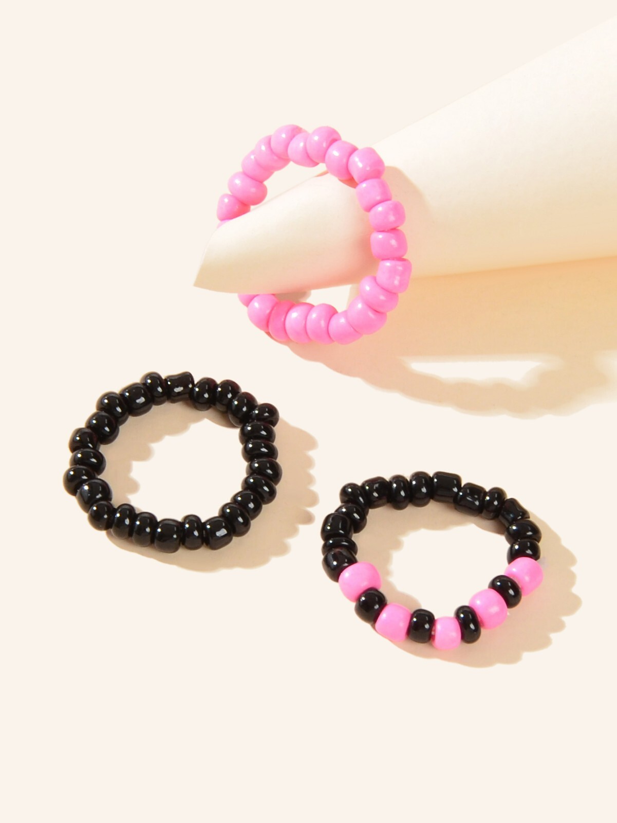3 pcs Boho Chic Hotpink Black Seed Beads Stackable String Toe Rings Foot Jewelry
