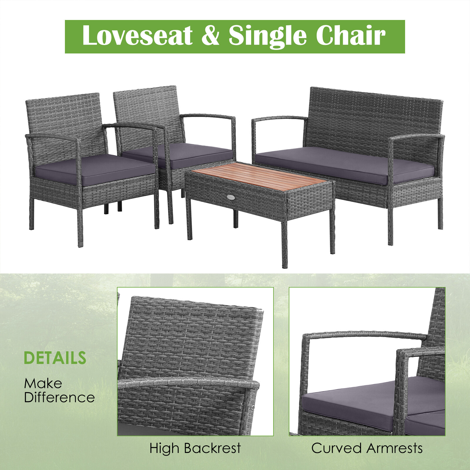 4PCS Patio Rattan Furniture Set Cushioned Chair Wooden Tabletop Outdoor Gray