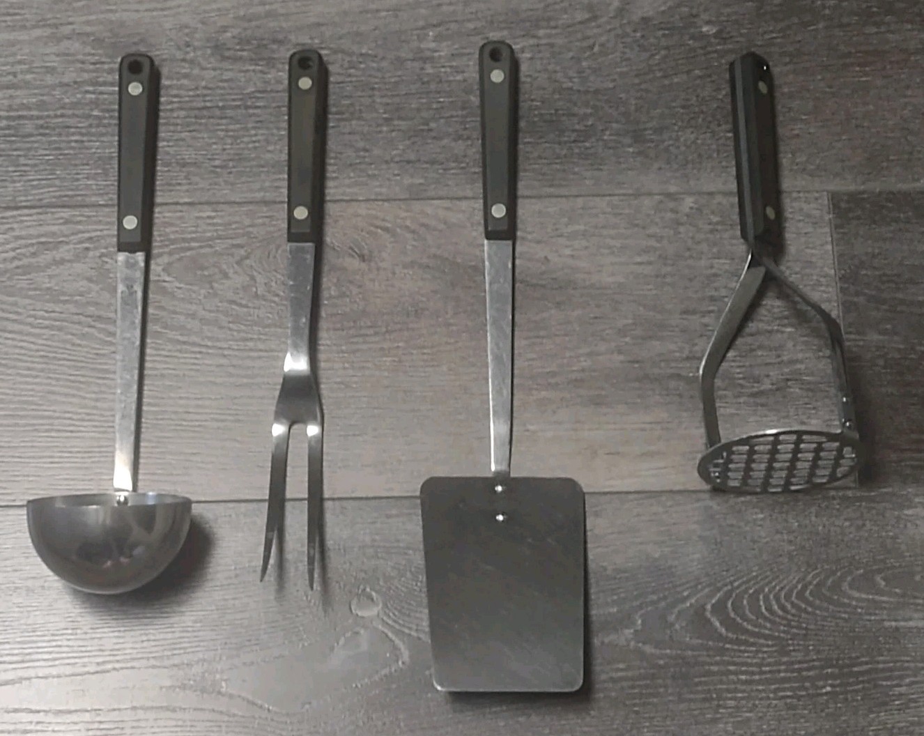 4 Vtg Flint Stainless USA Vanadium Kitchen Utensils Ladle Spatula Fork Masher