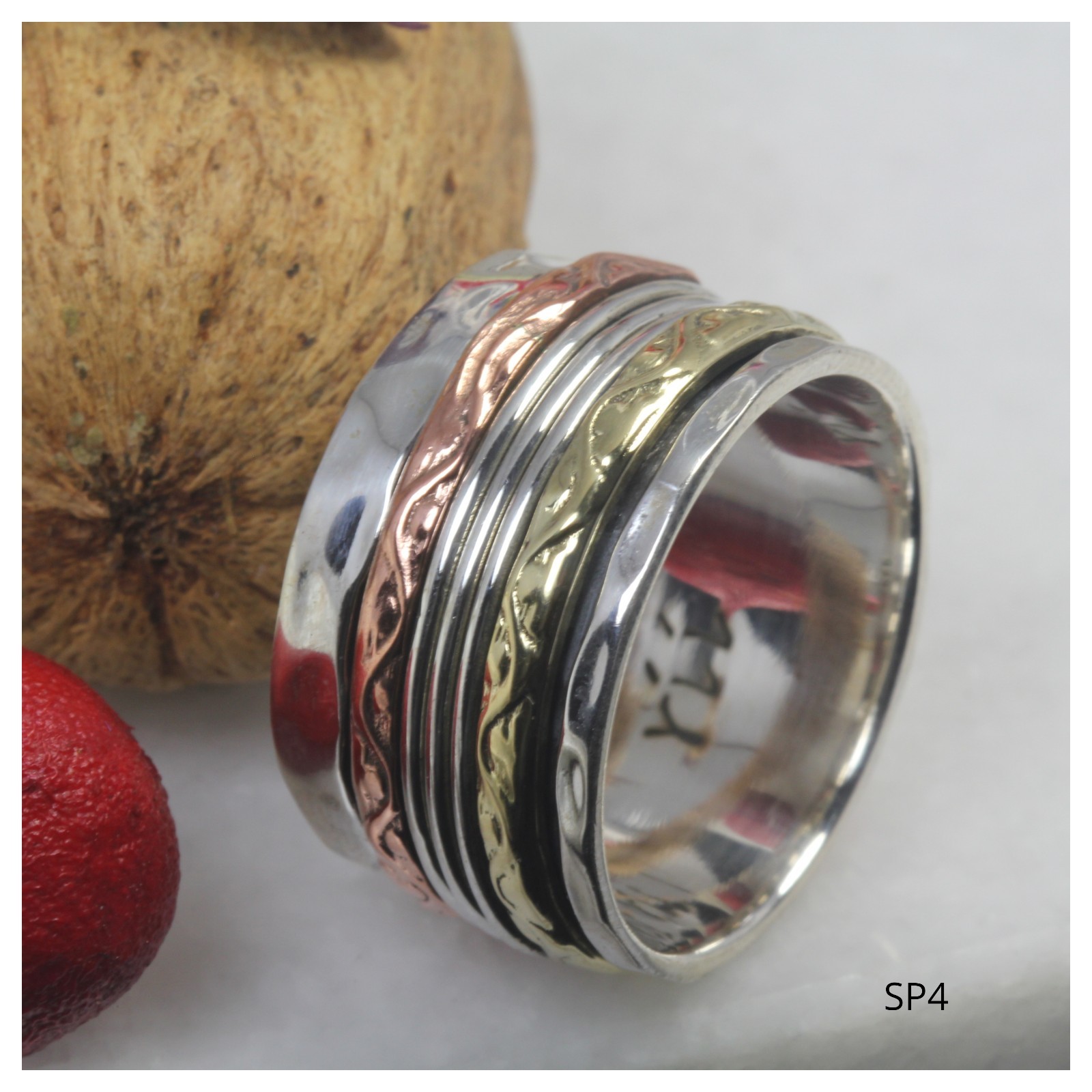 Hammered Sterling Silver Wide Heavy Band Spinner Meditation Ring  Tri-Colored