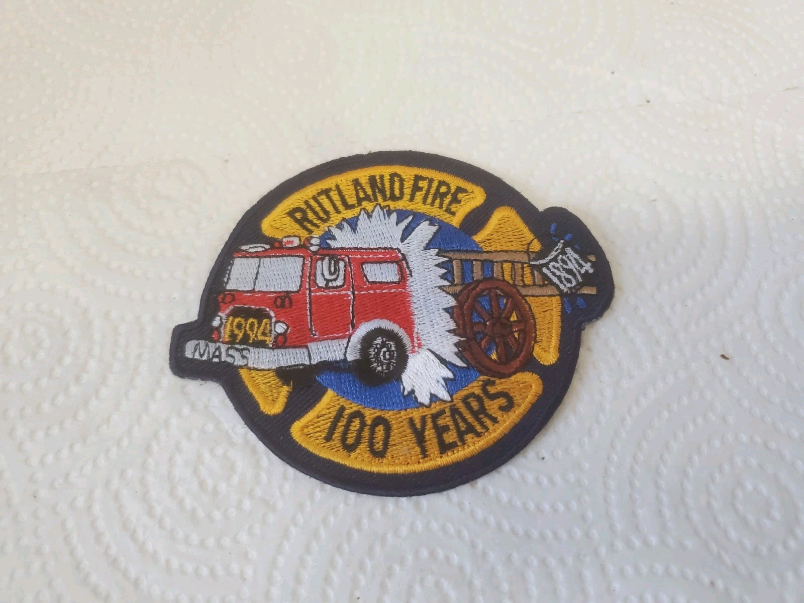 3-1/2" X 3" Cloth Patch Rutland Fire Department Massachusetts 100 Years 1994