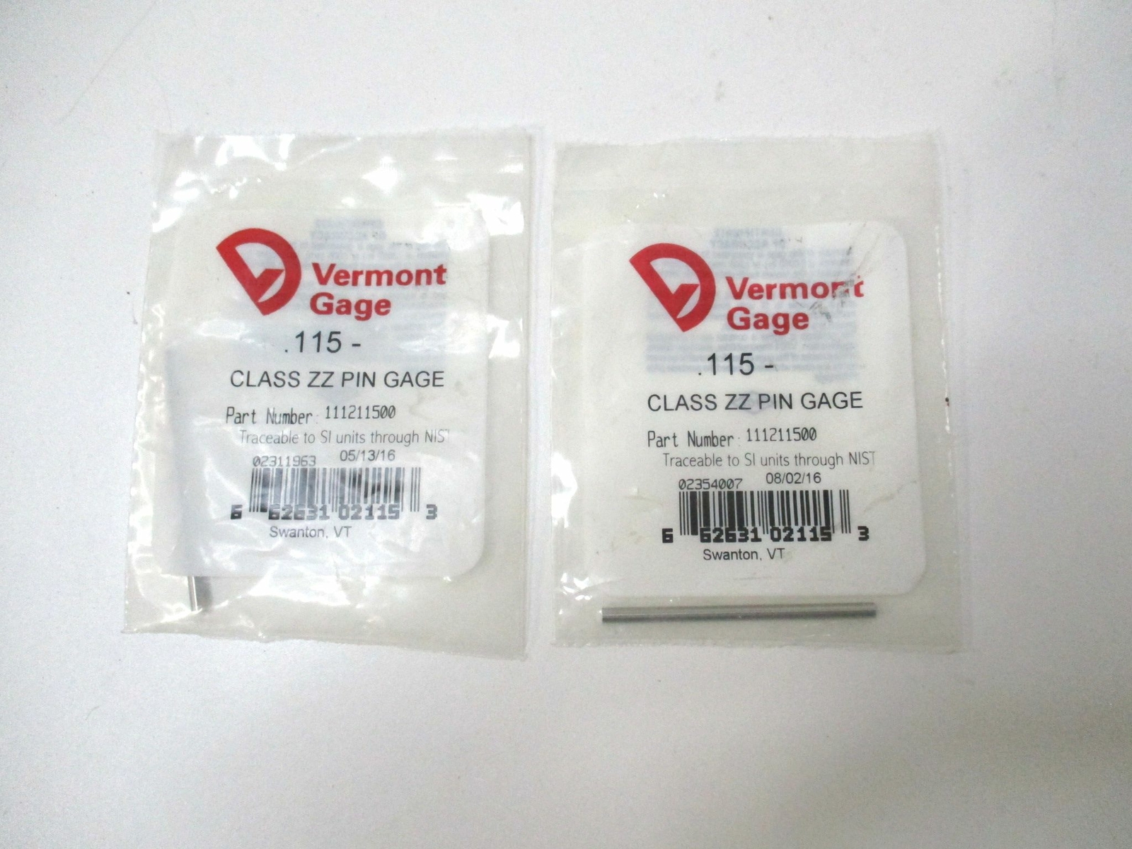 Vermont Gage (111211500) 0.115" Tolerance Class ZZ Steel No-Go Pin Gage - Qty 2