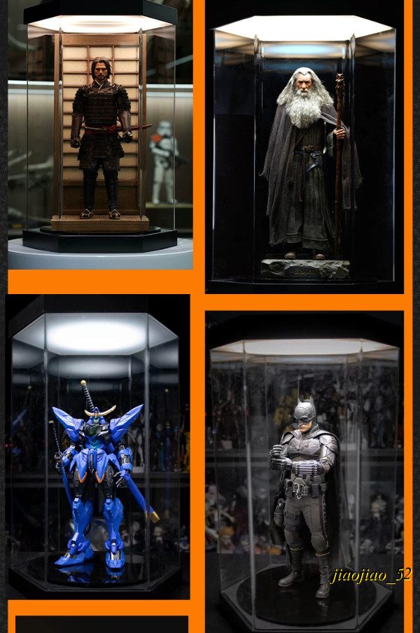 LED Rotating Hex Acrylic Display Box Silent Turntable Figure Model Dust Showcase