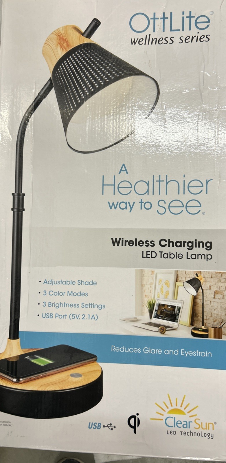Ottlite 25 In. Black Wireless Phone Charging LED Table Lamp with USB Port