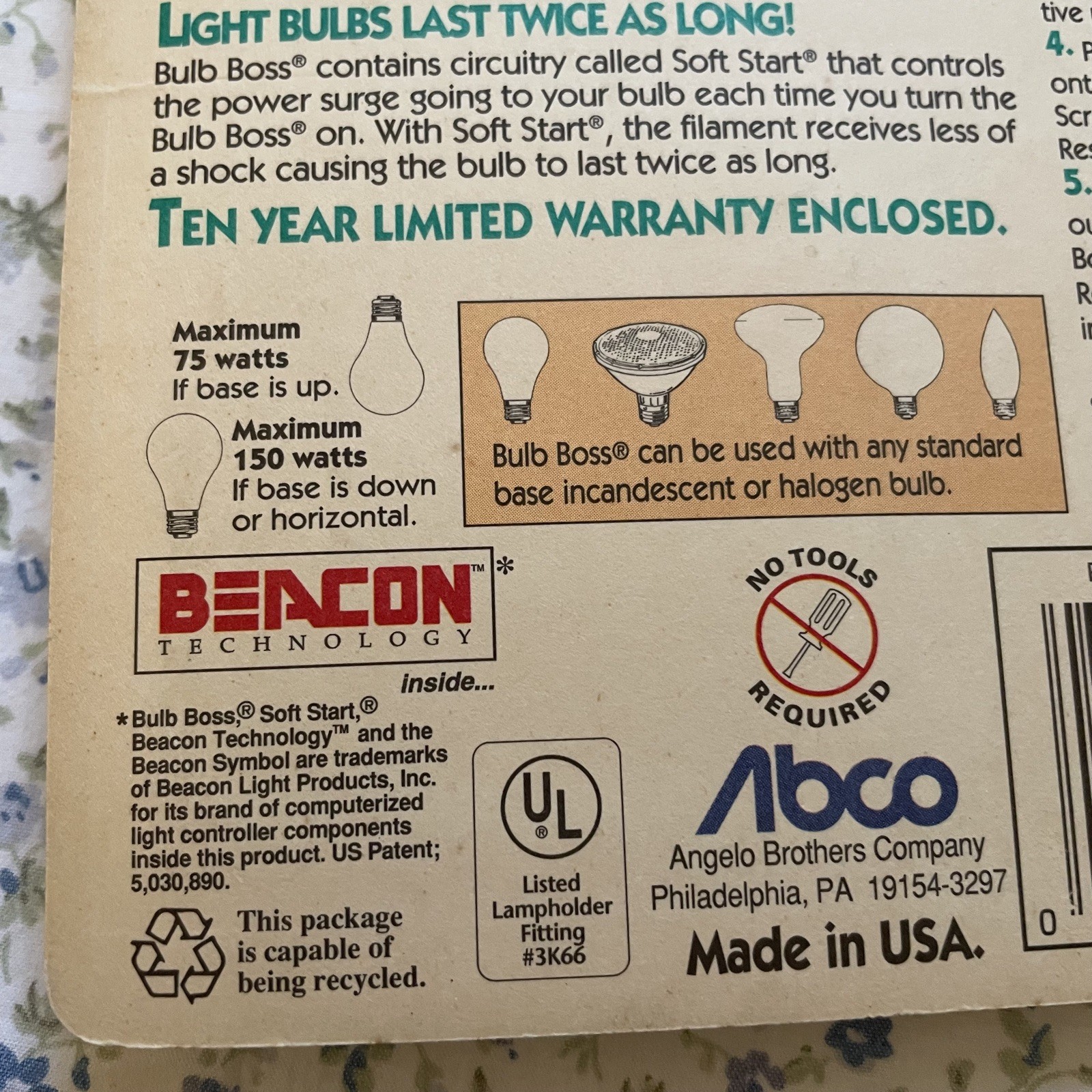 ABCO Beacon 30 Minutes Automatic Off Incandescent Light Bulb Control Button USA