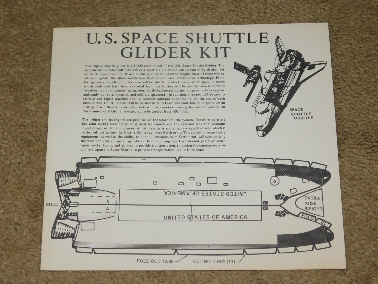 U.S. SPACE SHUTTLE GLIDER KIT (CUT-OUT) - Unused / Unfolded with Instructions