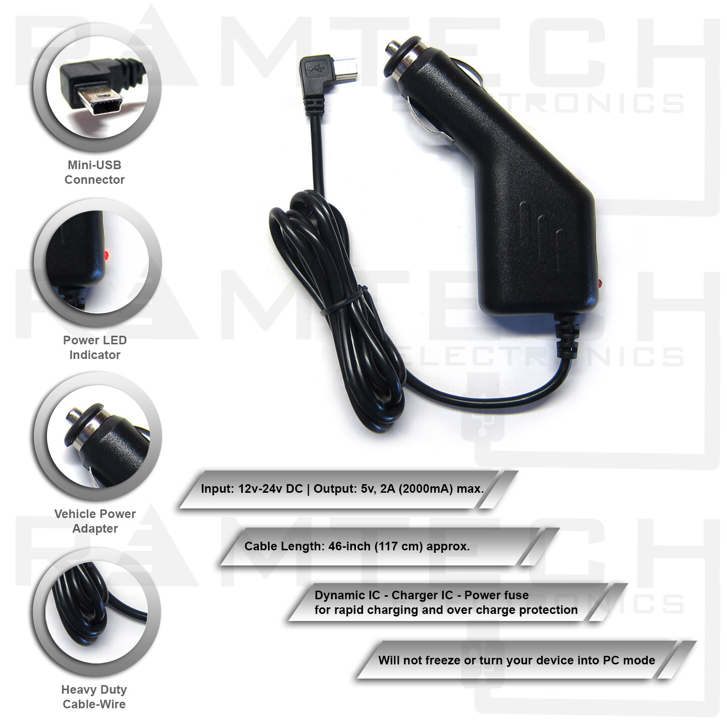 2A DC Car Power Charger Cable For Rand McNally RVND 5510 5525 LM 5" RV GPS