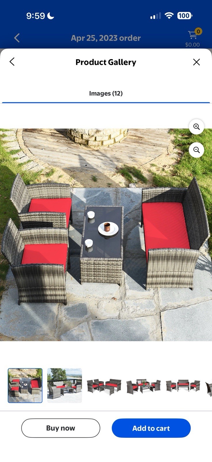 Costway 4PCS Patio Rattan Conversation Glass Table Top Cushioned Sofa Red
