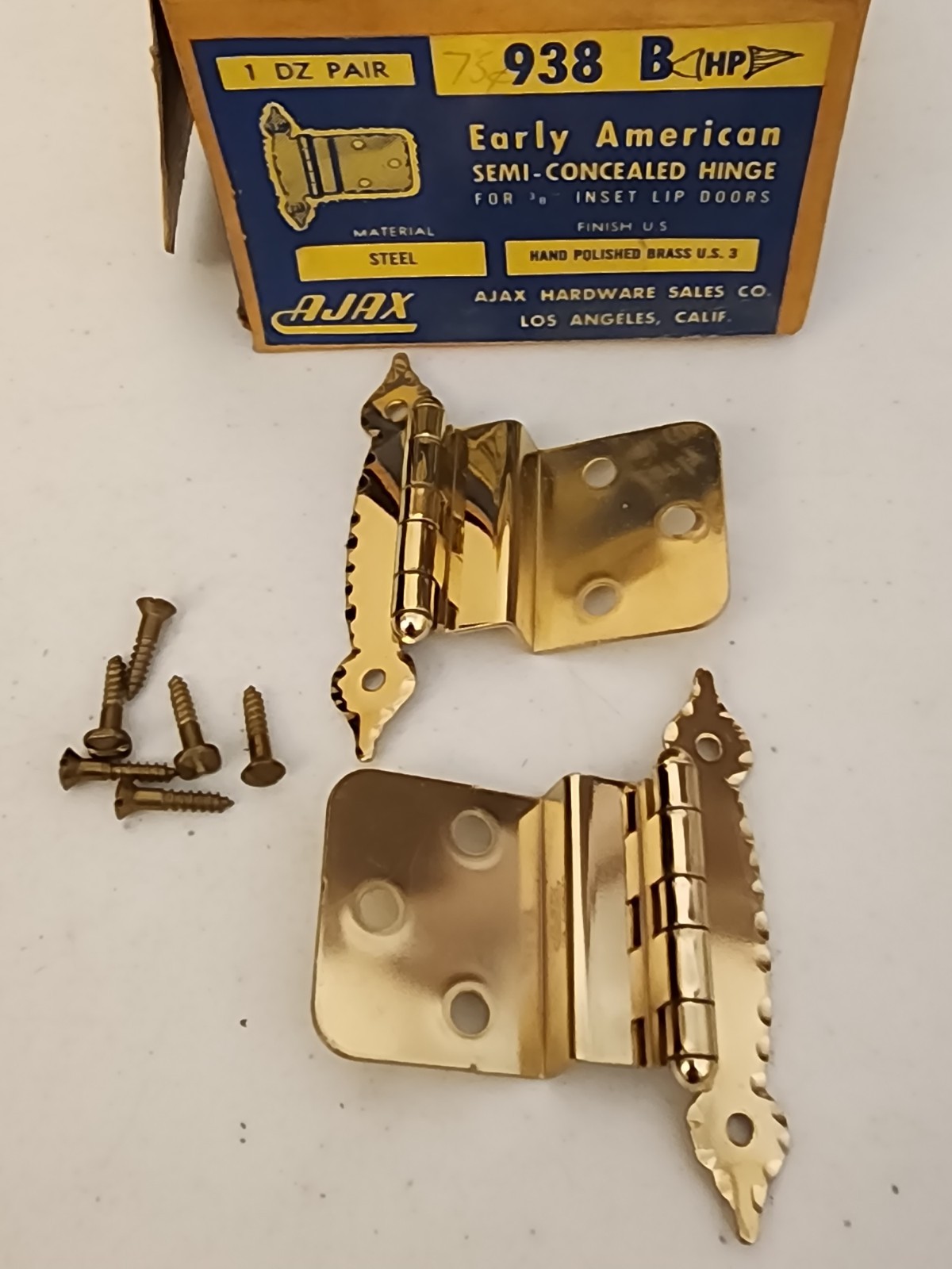 NOS Pair Ajax Cabinet 3/8" Inset Early American Polished Brass w/Screws 938B C19
