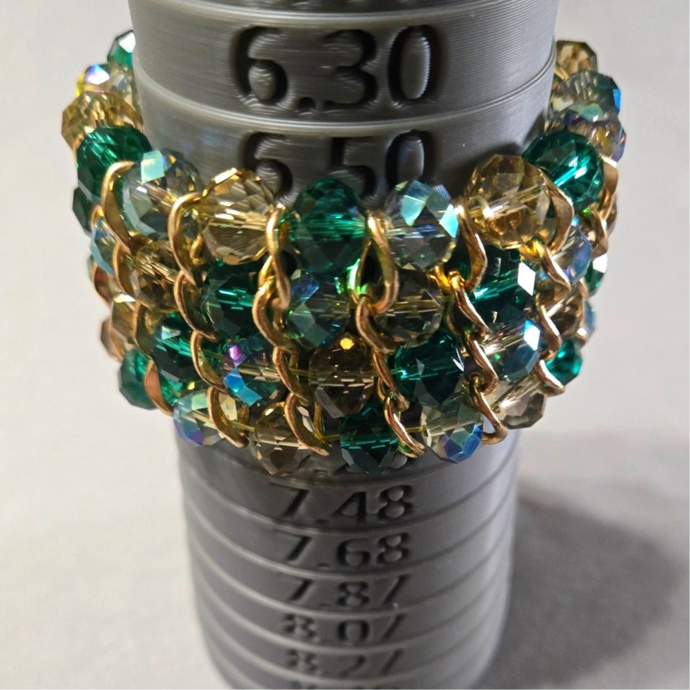 Green Beaded Multi-Row Stretch Cuff Bracelet Gold Chain Accent