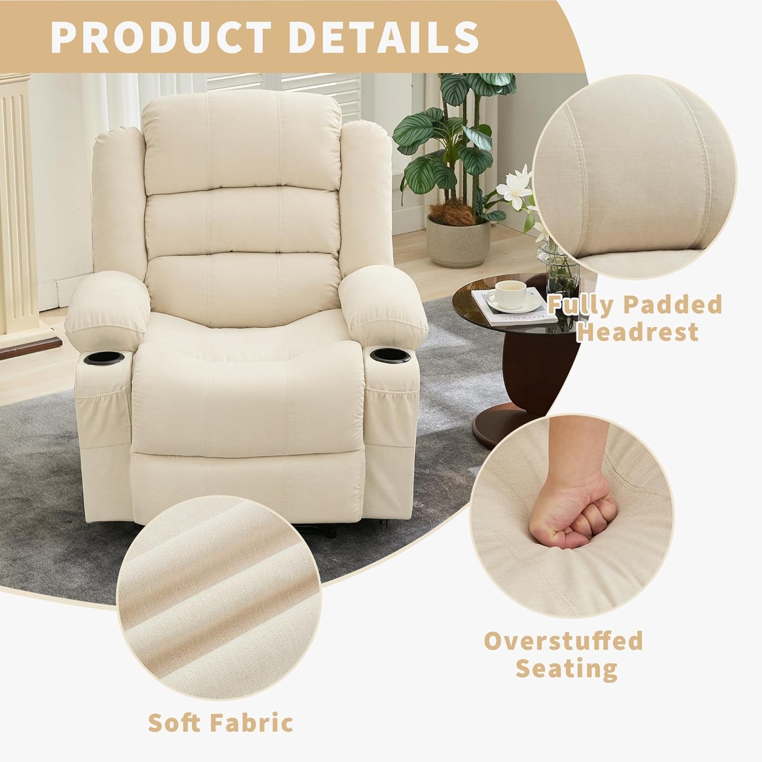 Oversized Recliner Chair with Pull Tab Recline Headrest Cup Holders Side Pockets