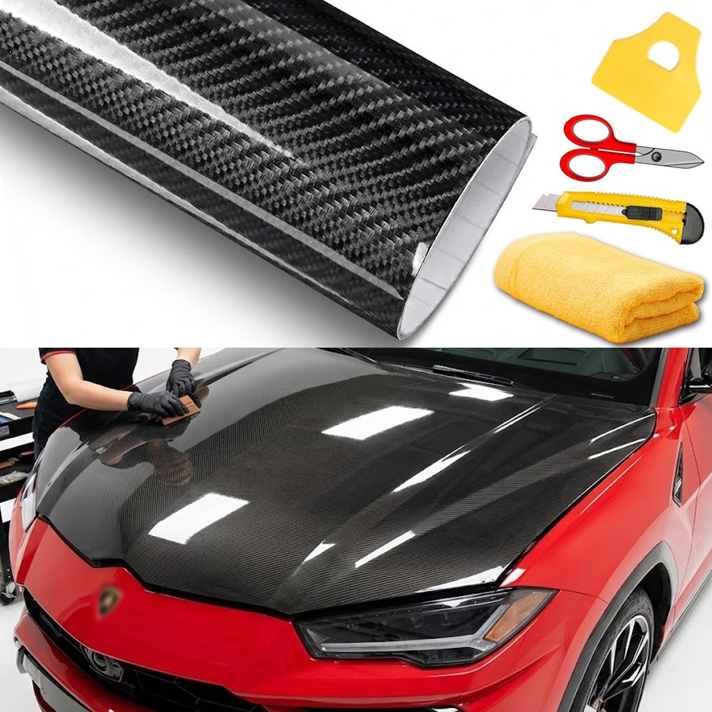 96" x 60" Super Gloss 7D Black Carbon Fiber Vinyl Air Bubble Free 8ft x 5ft 6D