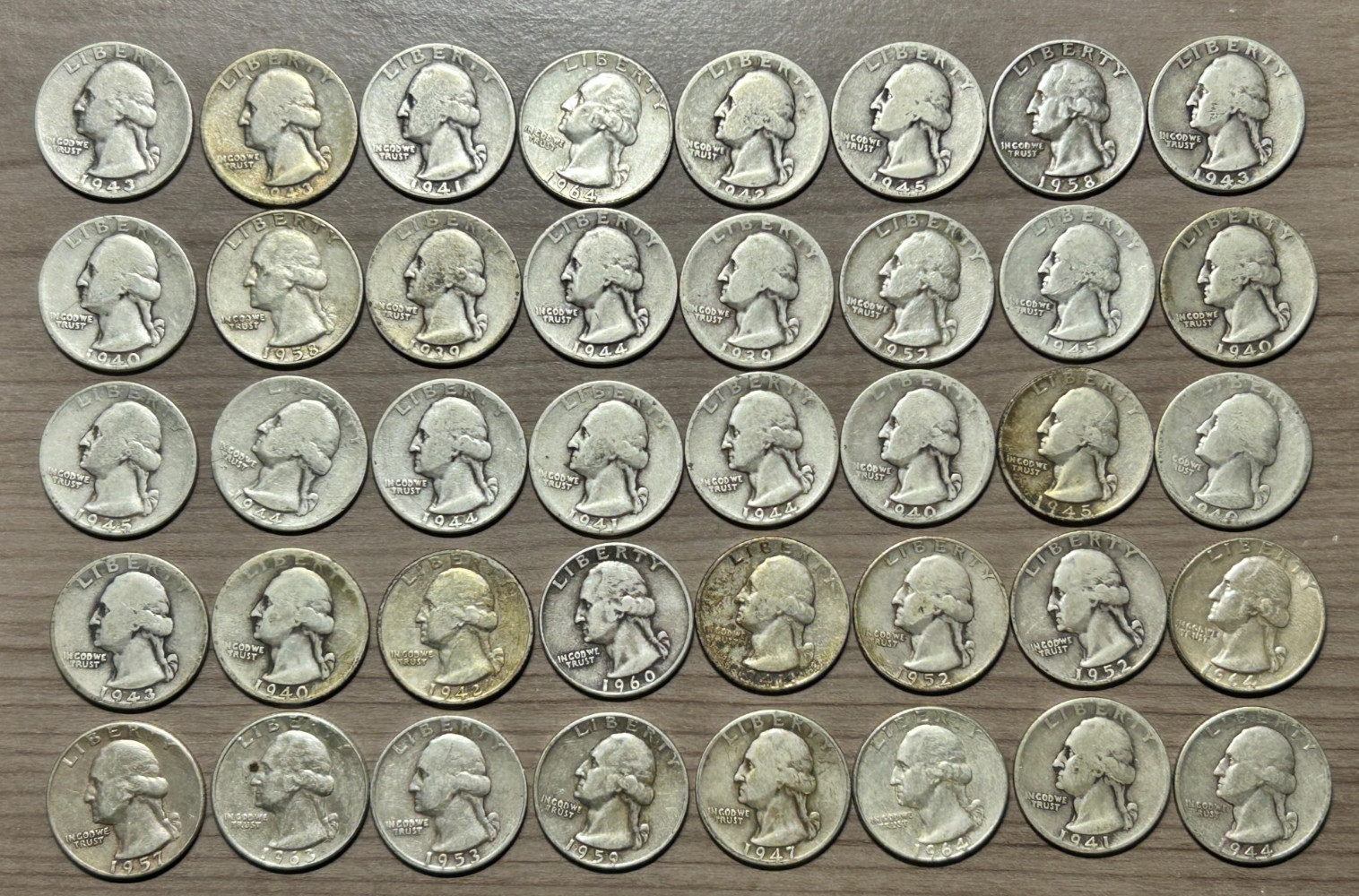 40 Washington Quarter Lot 90% Silver $10 Face Value Assorted Date/Condition LotB