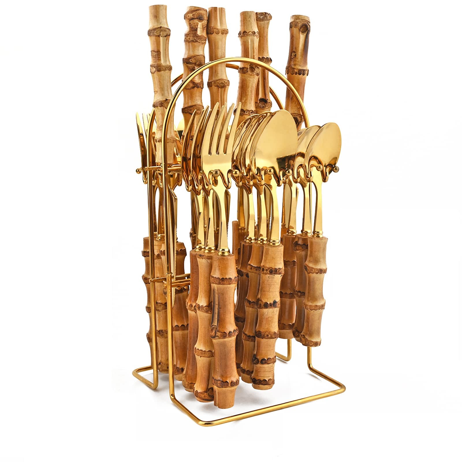 24-Piece Gold Stainless Steel Flatware Set, Bamboo Handle Cutlery with Stand ...