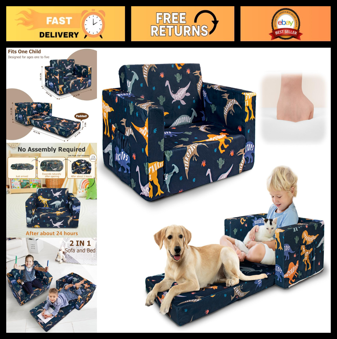 2-in-1 Kids Fold Out Couch & Lounger, Soft Toddler Sofa for Boys & Girls, Dinosa
