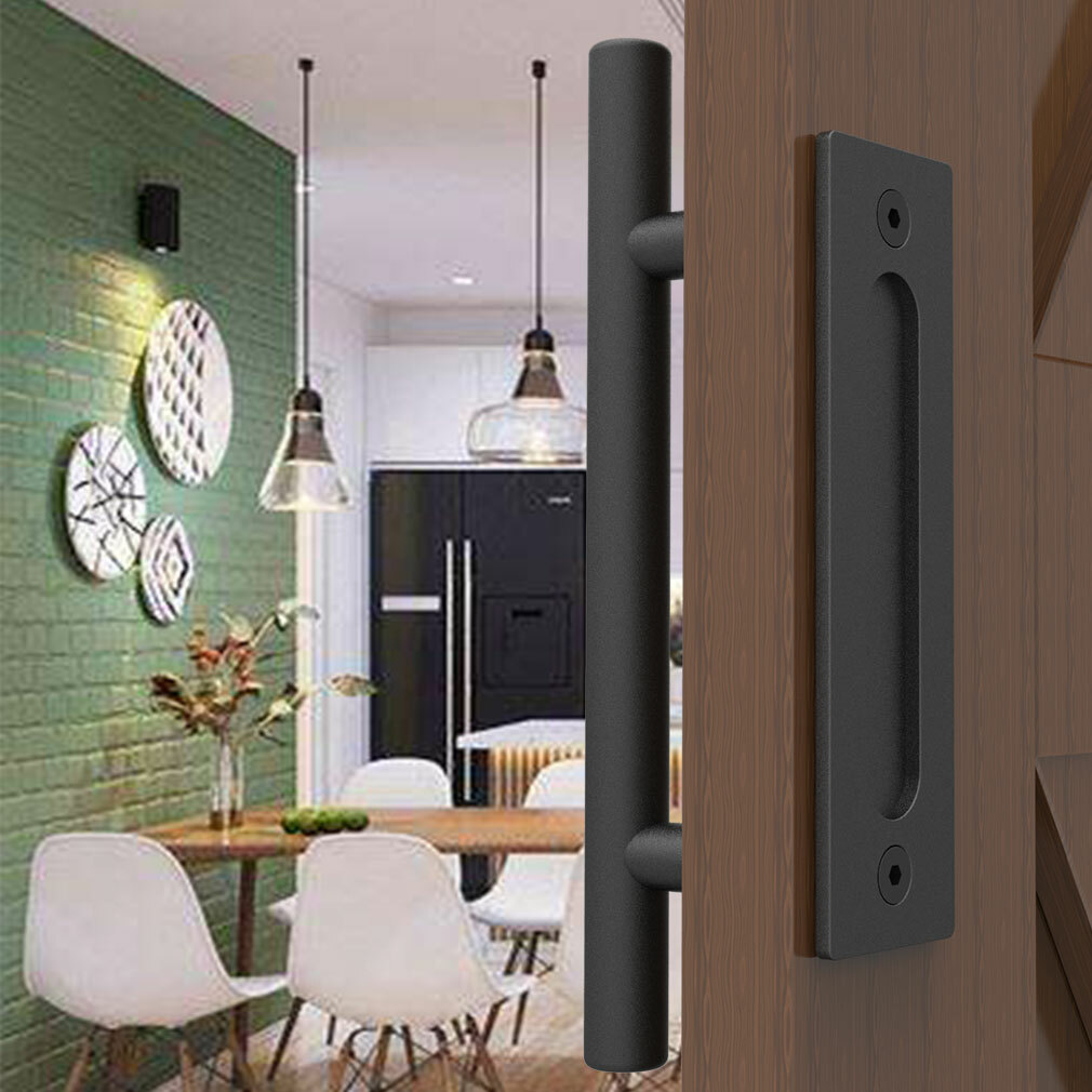 Sliding Barn Door Handle Pull and Flush Hardware Set Flat Back-Plate Matte Black
