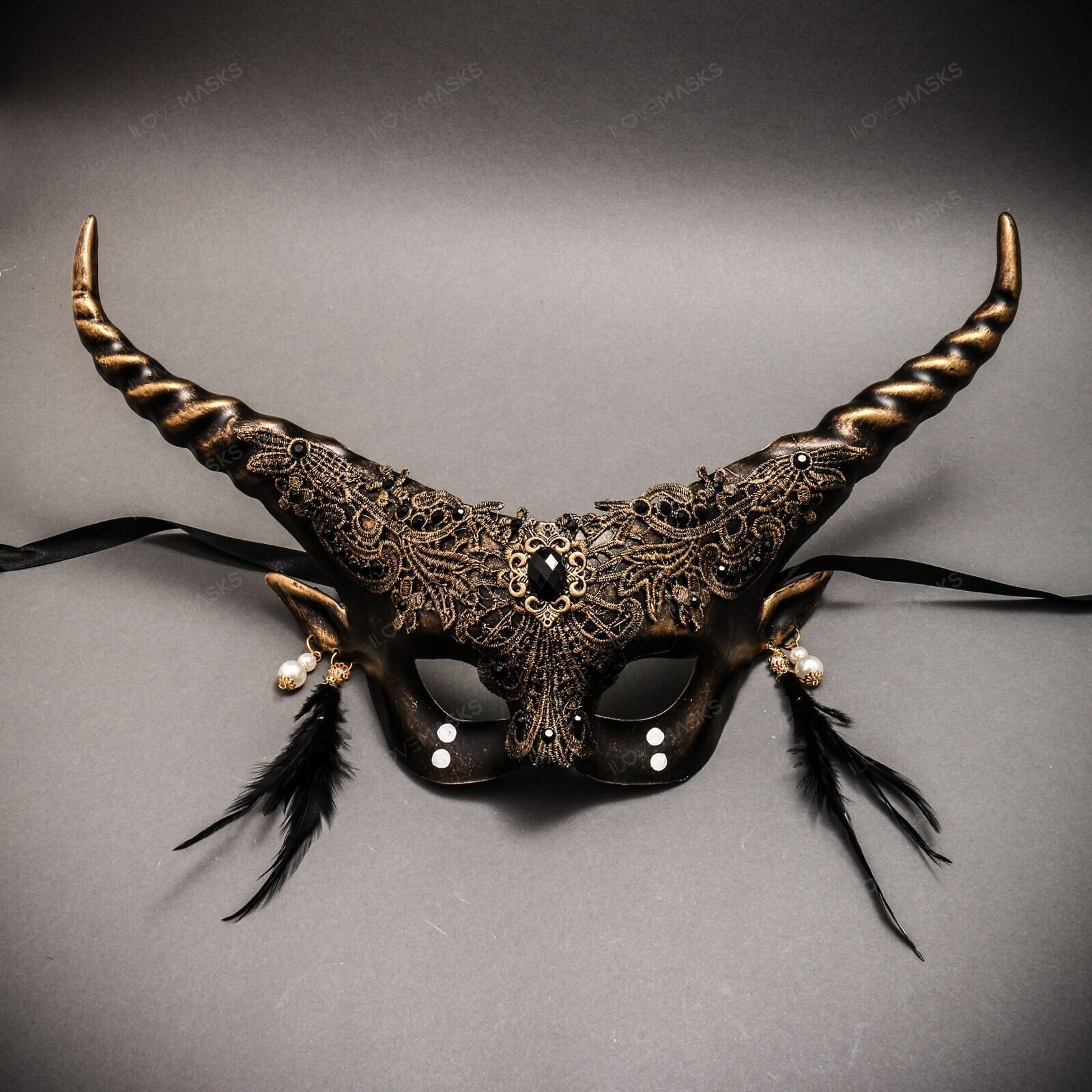 Women Fairy brocade lace Masquerade Ball Mask w/ Horns Halloween Dress up Gold