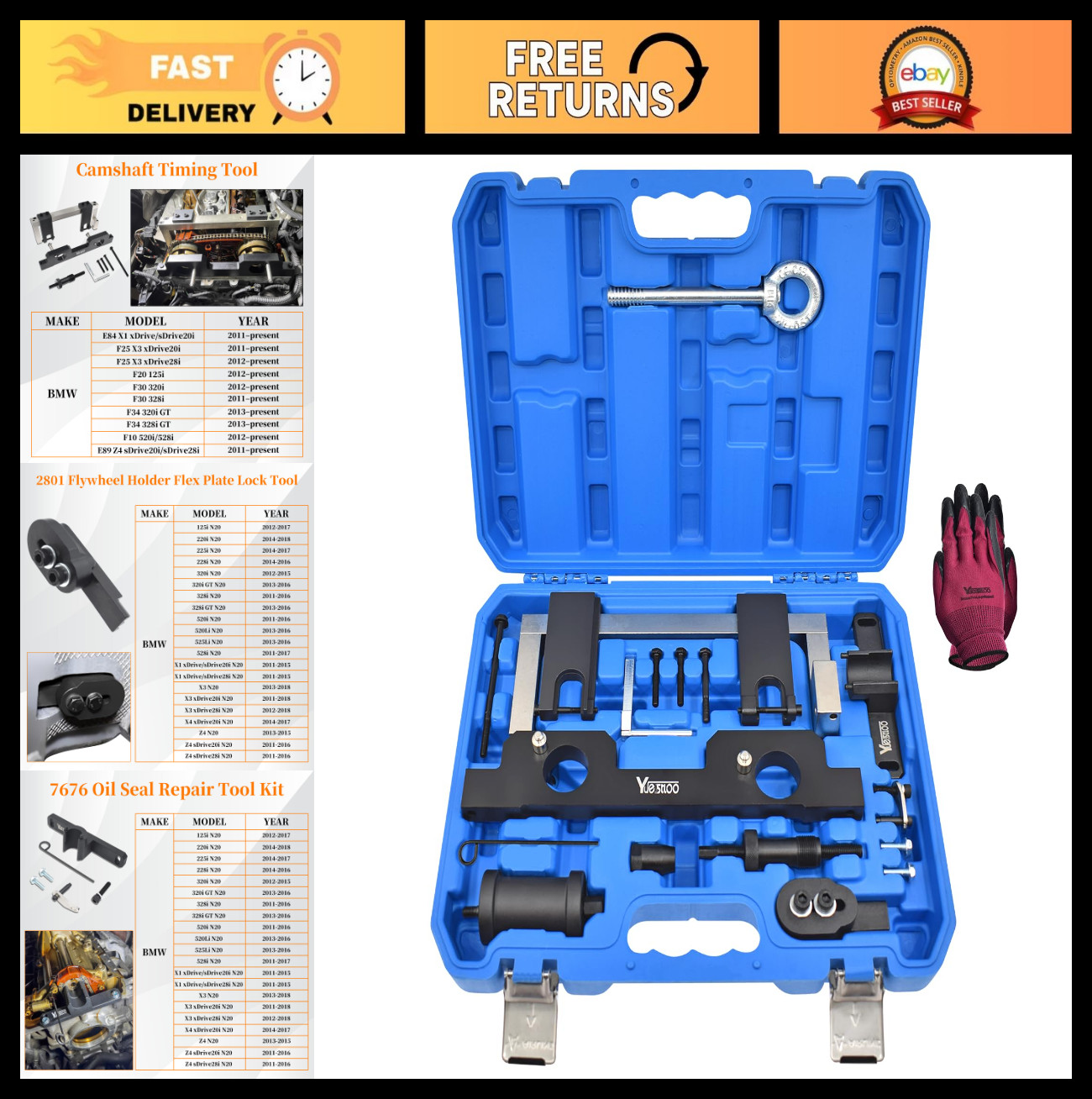 17PCS Camshaft Alignment Timing Tool Kit for BMW N20 N26 Engines, Flywheel Holde