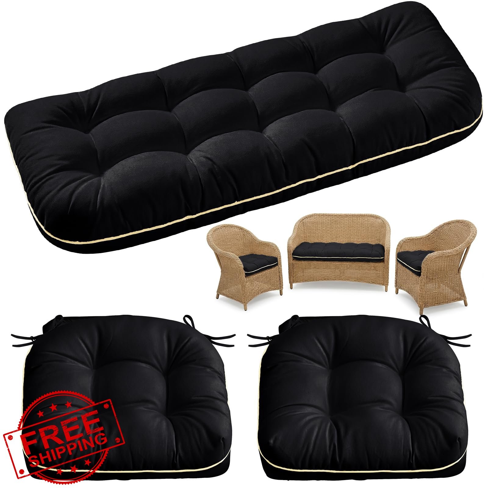 Wicker Chair Cushions 3pc Set Black Outdoor Patio Loveseat Garden Furniture
