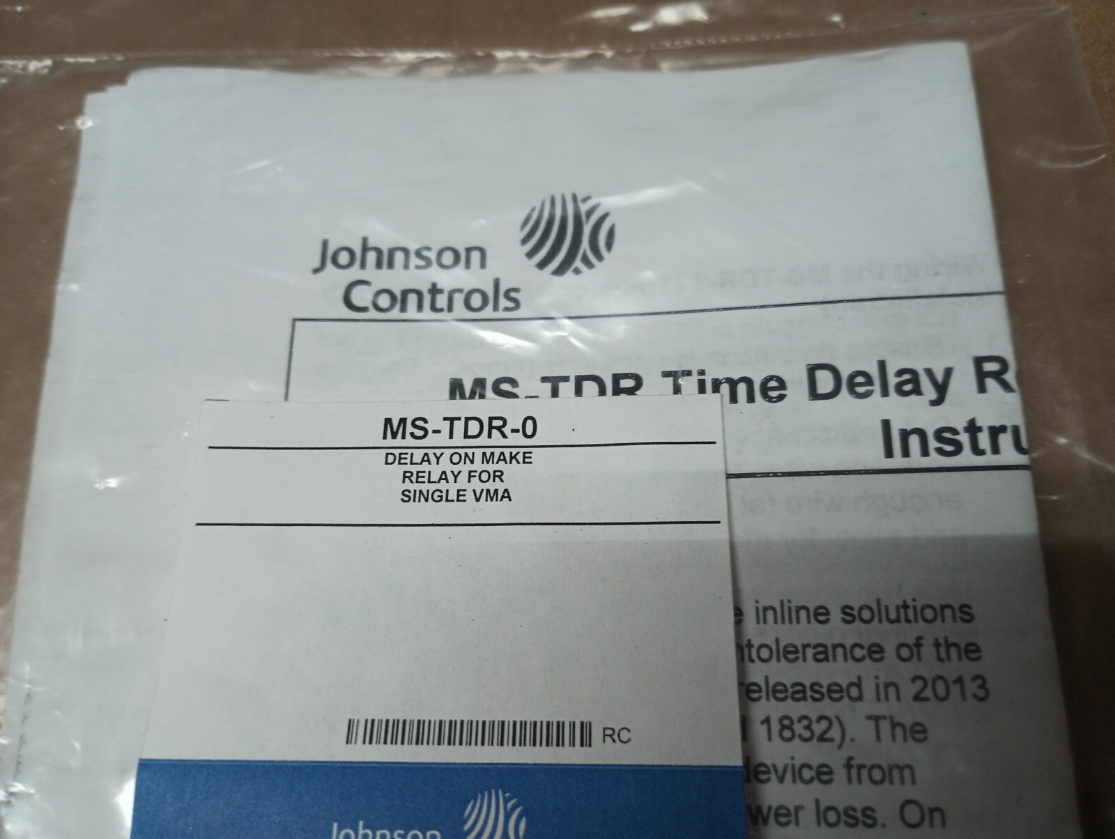 Johnson Controls MS-TDR-0 Time Delay Relay For Single VMA