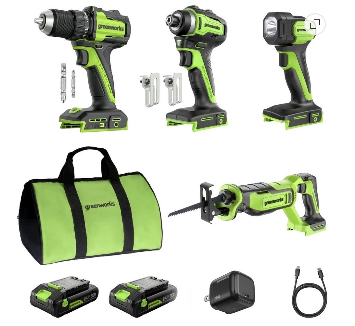 Greenworks Powerall 24V Brushless Power Tool 4PC Combo Kit CK344 CK34200 Drill