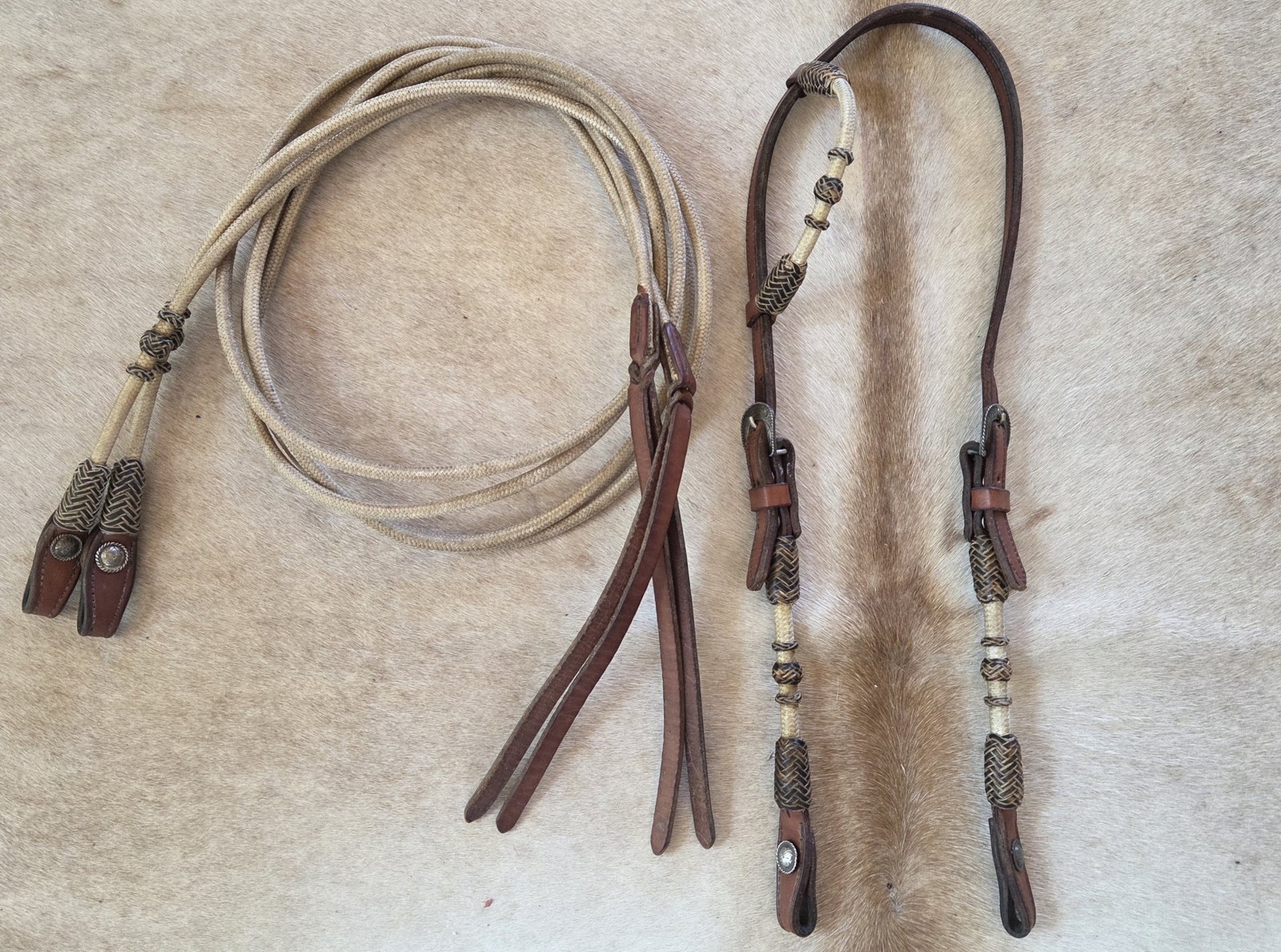 VTG FLEMING STERLING SILVER BRAIDED RAWHIDE RANCH SHOW HEADSTALL BRIDLE REINS