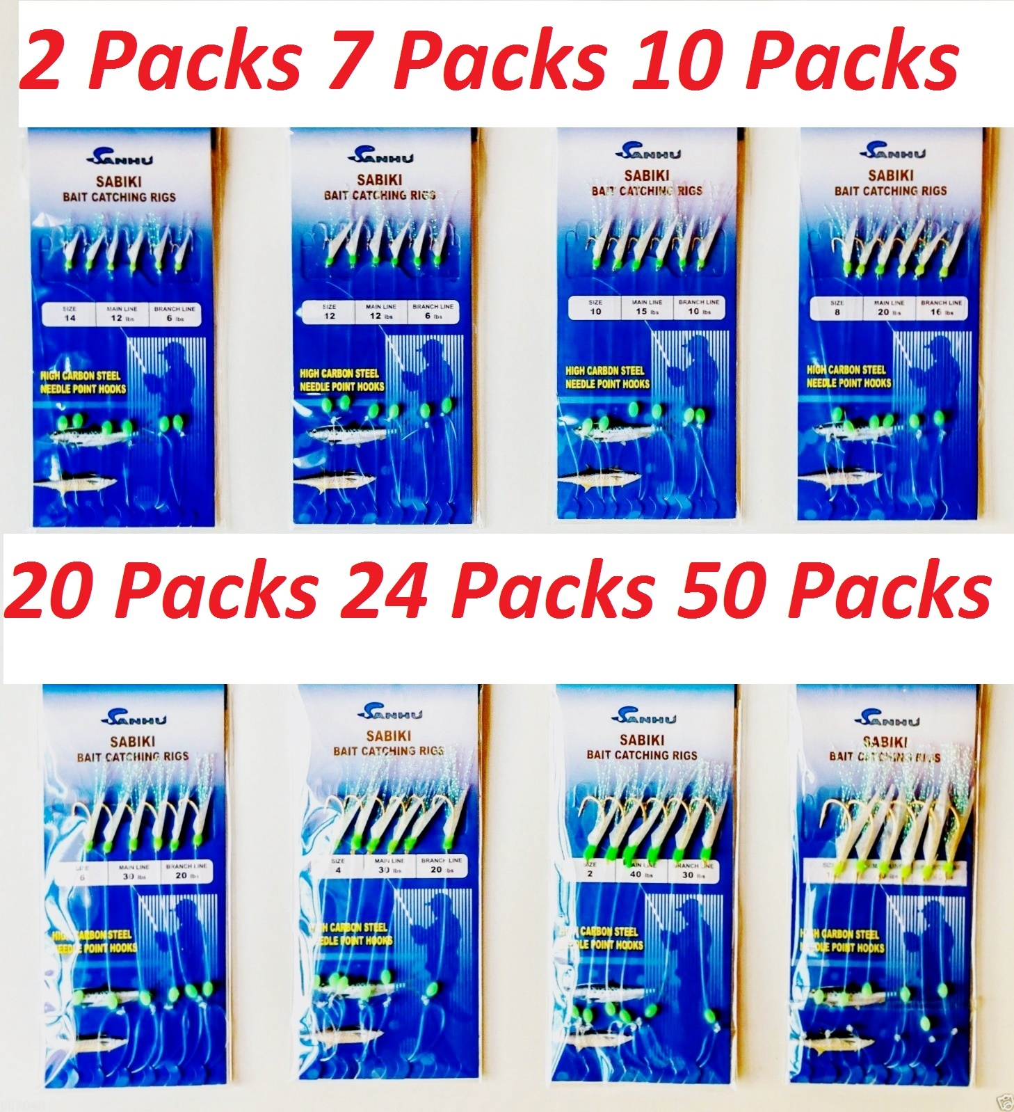 2,10,24,100 PK sabiki bait rigs 6 hooks fishing lure size: #1/0,2,4,6,8,10,12&14