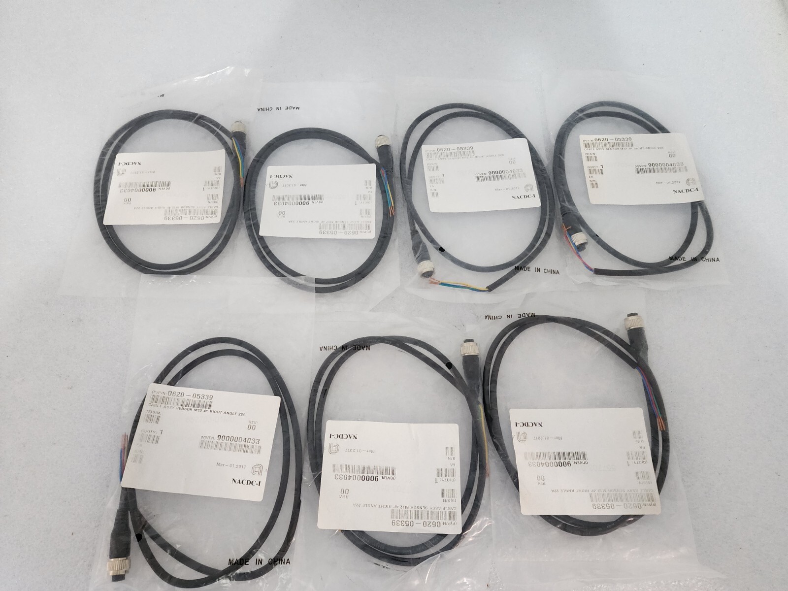 Applied materials 0620-05339 Sensor M12 4P Right Angle 22A Cable Lot of 7