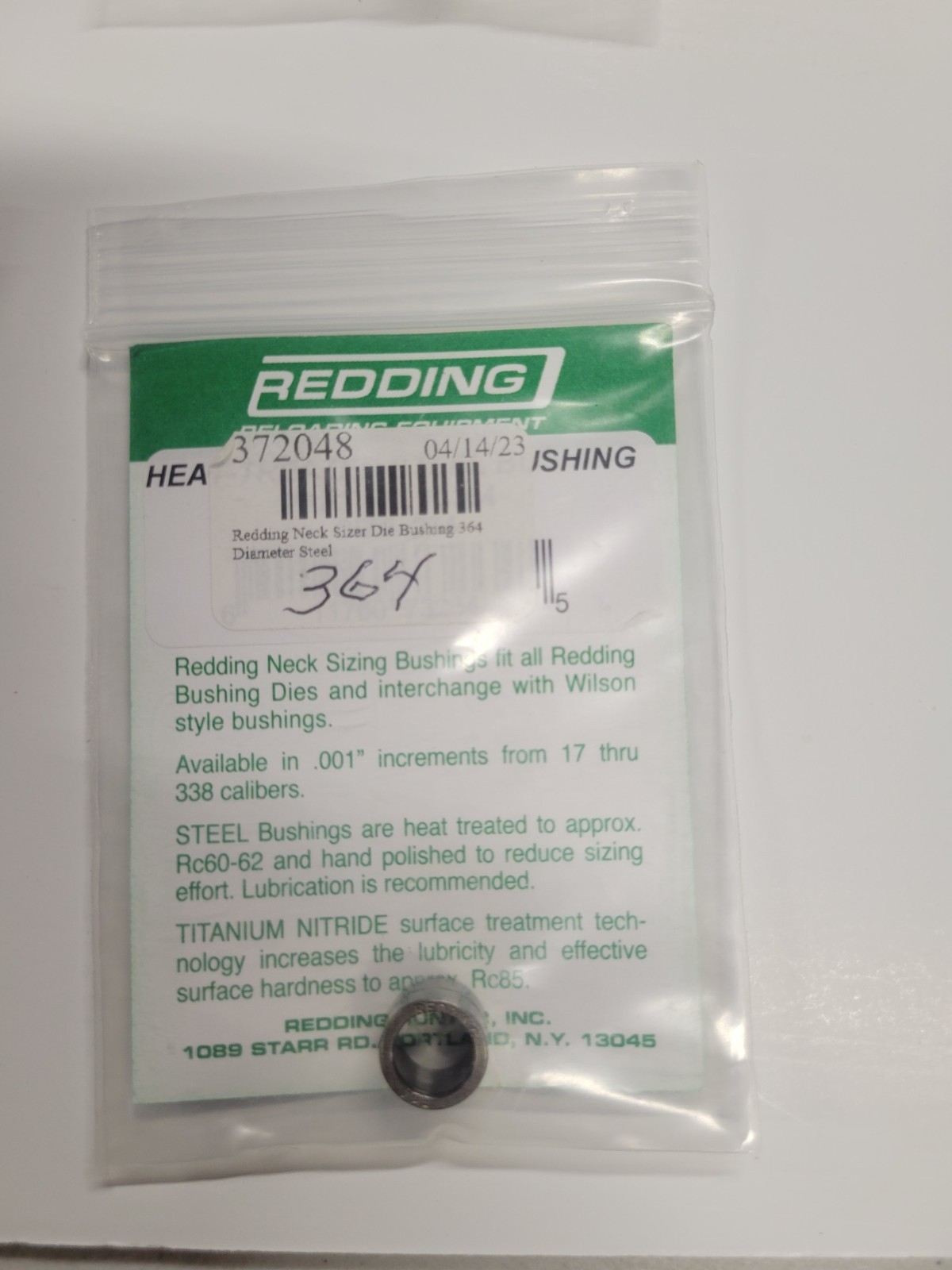 73364 REDDING HEAT TREATED STEEL .364 NECK SIZE BUSHING - PREOWNED IN PACKAGE