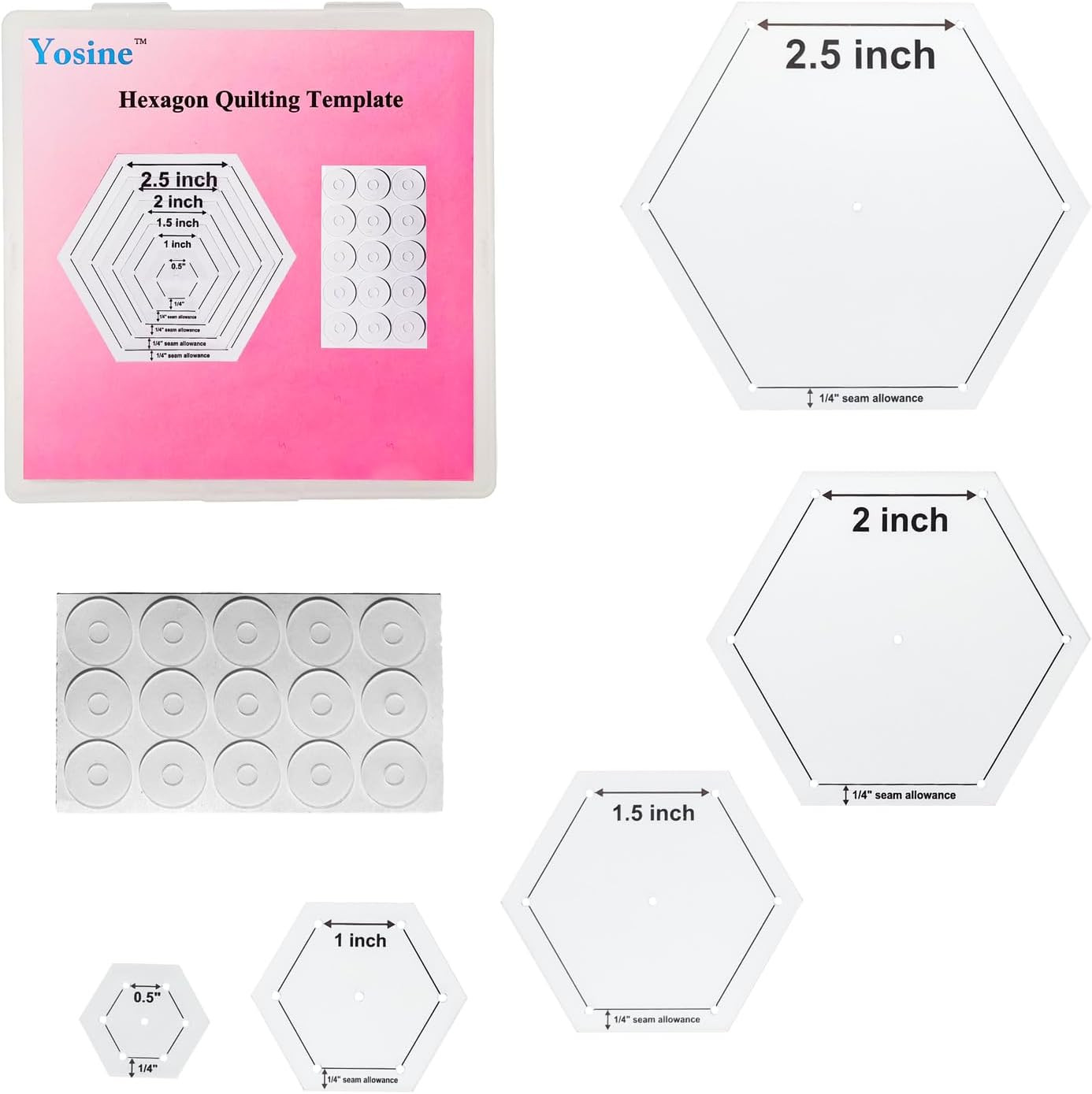 5 Sizes Hexagon Quilting templates for Quilting with 1/4 Seam Allowance,0.5 Inch