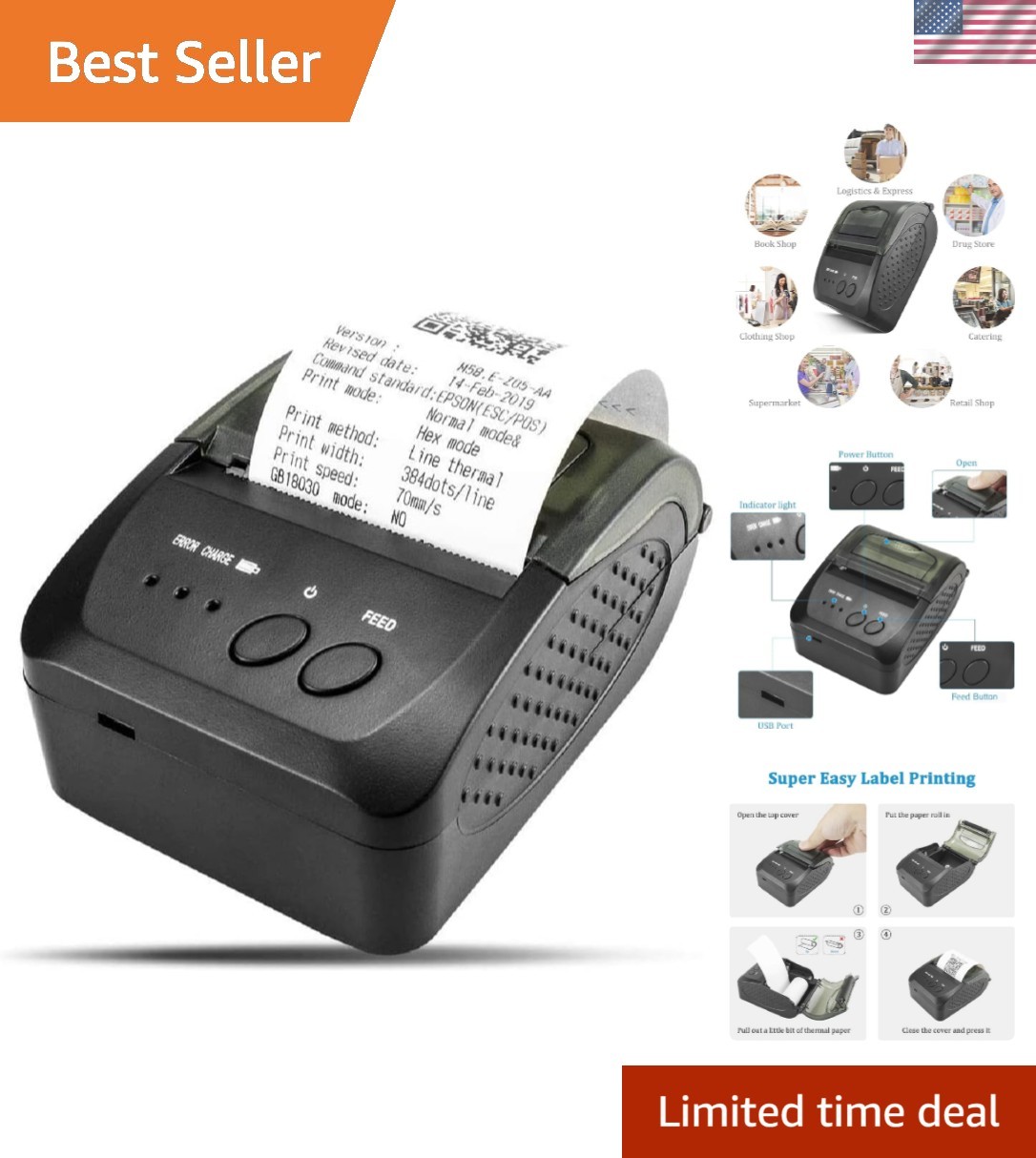 Bluetooth Receipt Printer, 58mm Mini Thermal POS Printer Portable Personal Bi...