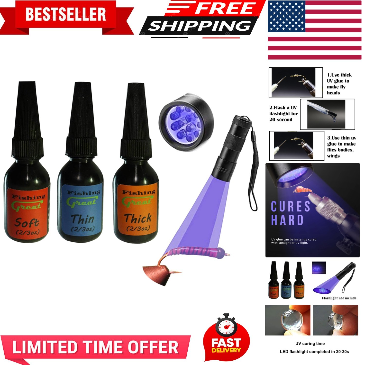 Fly Tying UV Clear Glue and Power Light Combo Three Bottles Thick Thin and So...