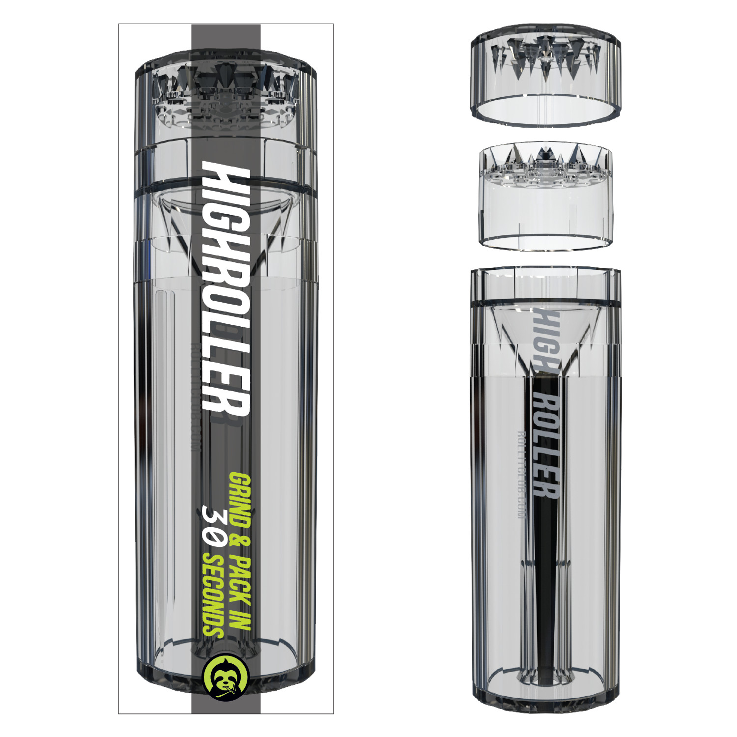 CLEAR HIGHROLLER Herb Grinder & Cone Loader | Portable Pre Roll Cone Filler | CL