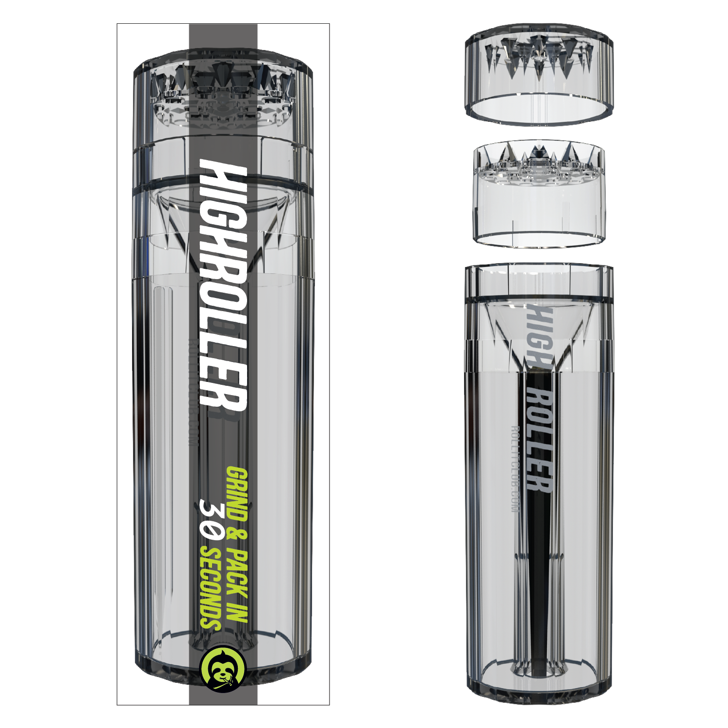 CLEAR HIGHROLLER Herb Grinder & Cone Loader | Portable Pre Roll Cone Filler | CL