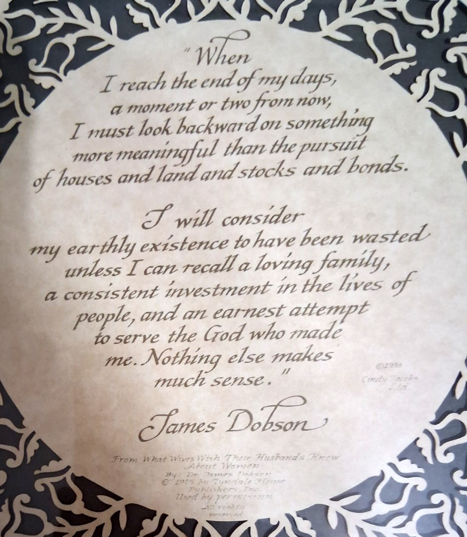 Cindy Jacobs Laser-Cut Papercut 1998 James Dobson "END OF MY DAYS" Framed 16x16