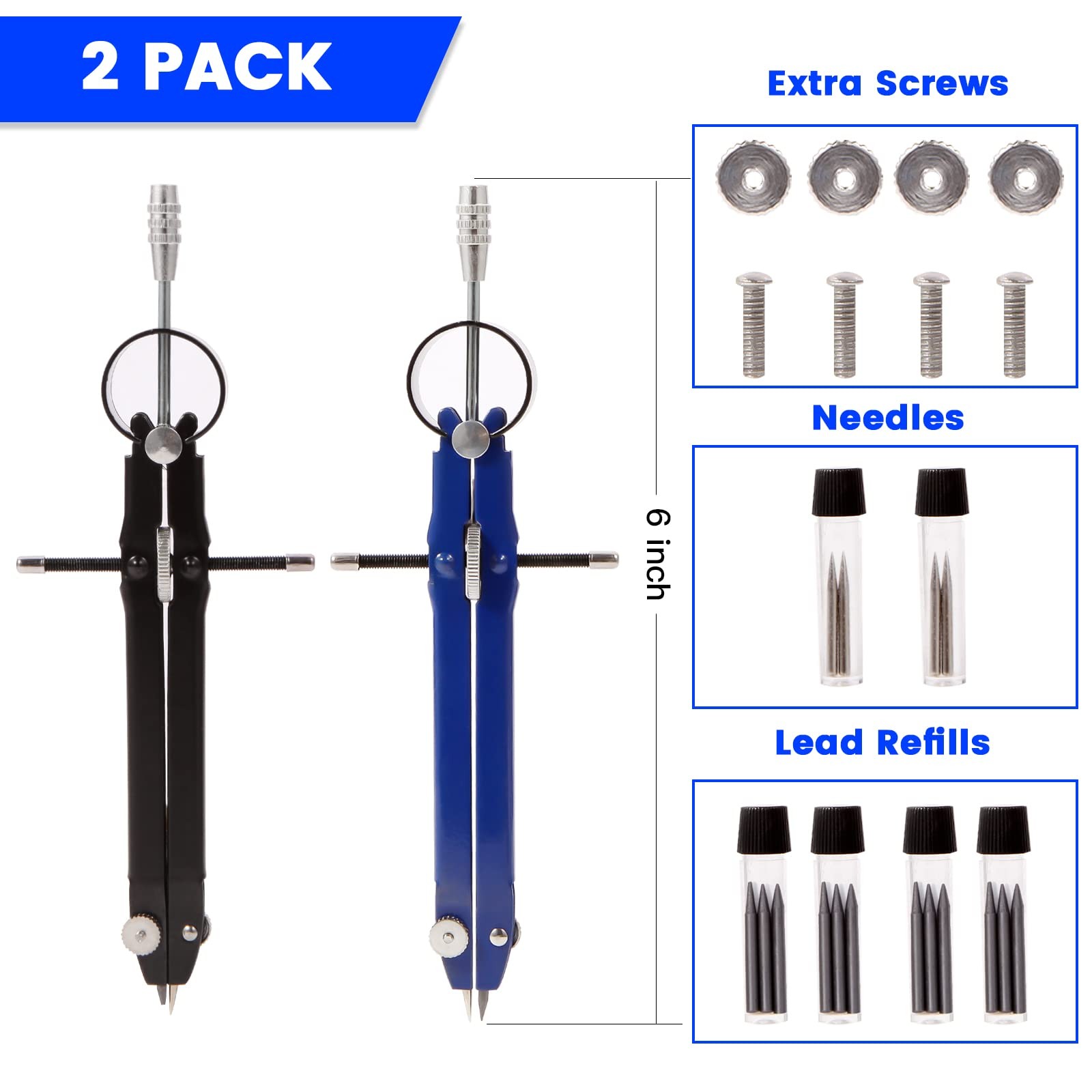 2pcs Compass for Geometry, Professional Drawing Compass,Metal Compass,...