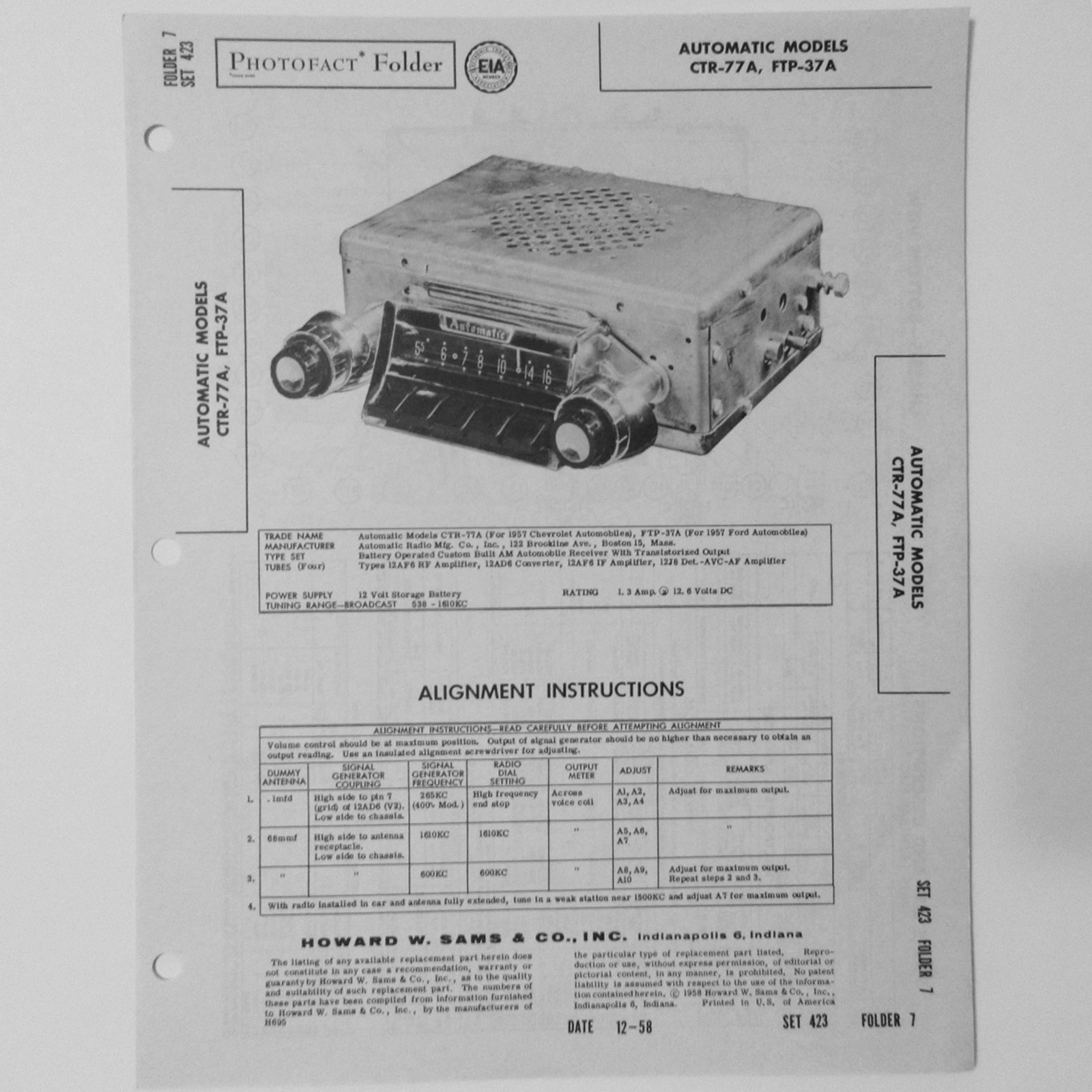 Automatic Models CTR-77A FTP-37A AM Car Auto Radio - SAMS Photofact ™ 1958 New