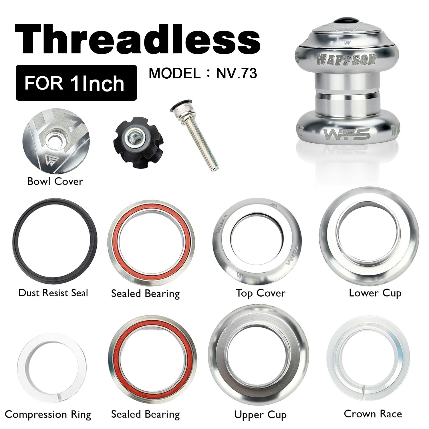 WFS NV.73 1 Inch CNC Alloy Threadless Headset with Top Cap , Silver