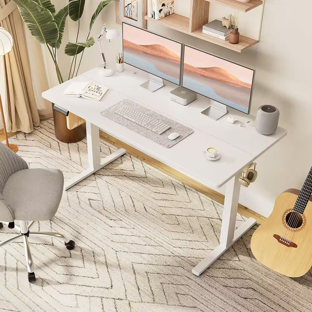 48 In. Rectangular White Wood Electric Standing Desk with Hooks and Wire Holes