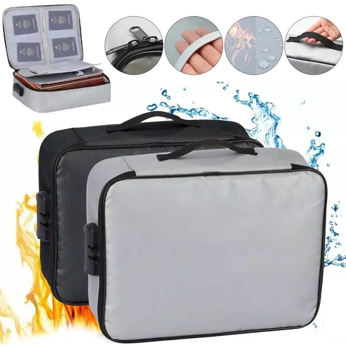 Fireproof Document Box Lockable File Storage Organizer Waterproof Money Safe Bag