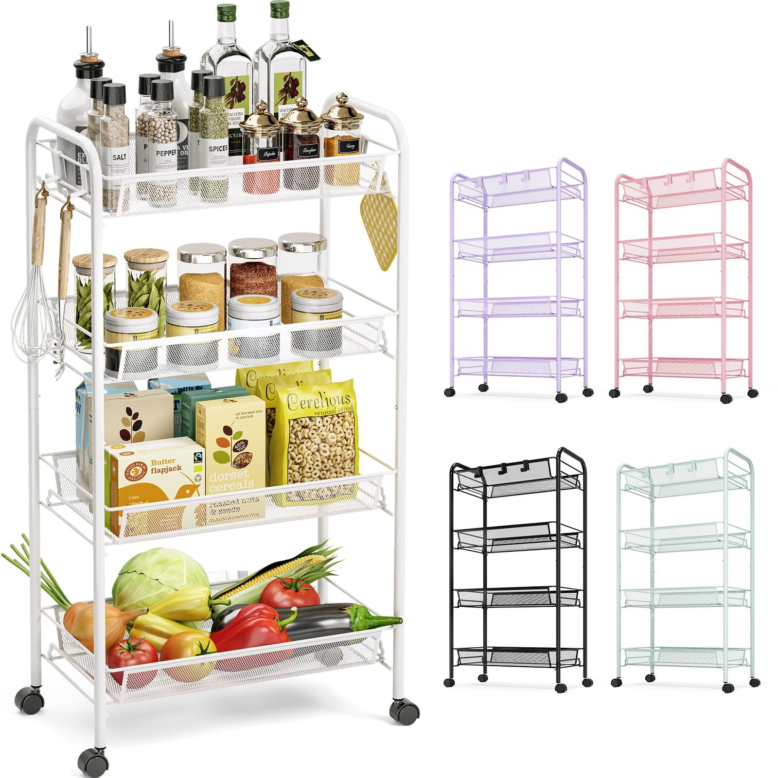 4Tier Rolling Cart Metal Utility 3 Hooks Easy Assemble Mobile Storage
