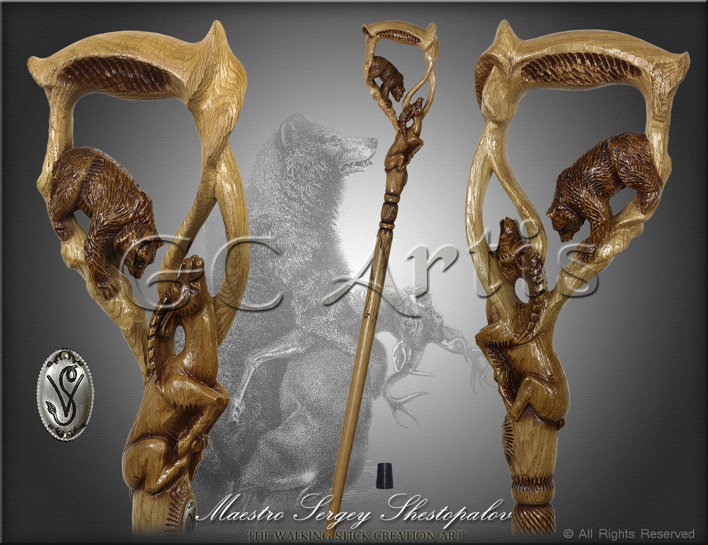 Luxury Walking Stick Cane Staff Wooden Hand Carved Crafted Bear & Gazelle mens