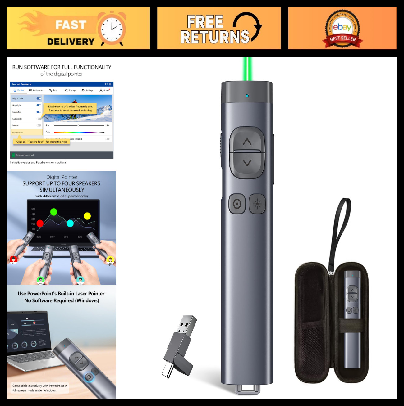 Wireless Presentation Clicker for PowerPoint - Bluetooth Remote, Digital Pointer