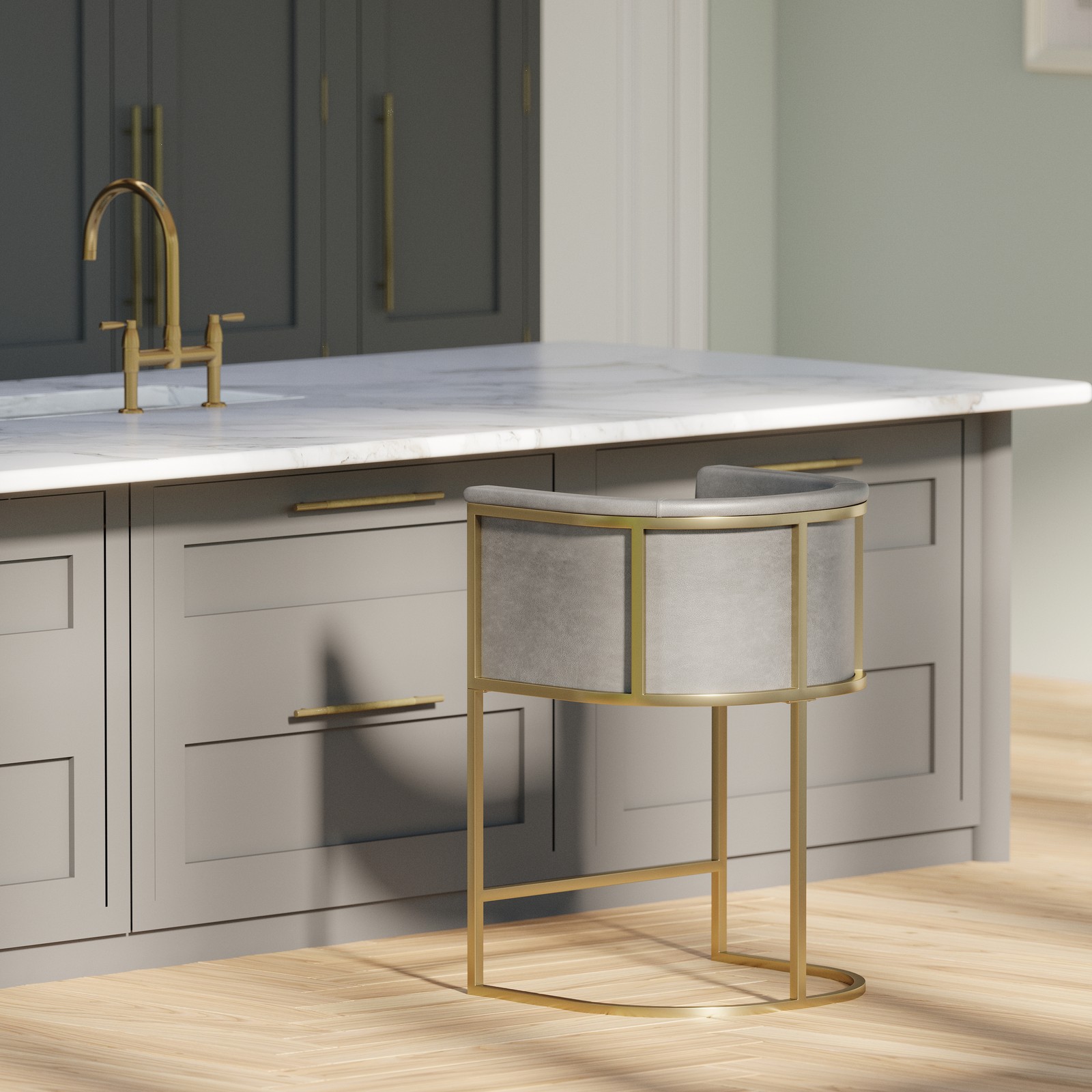 Manhattan 26" Counter Stool – Gray Faux Leather with Brass-Finish Metal Base