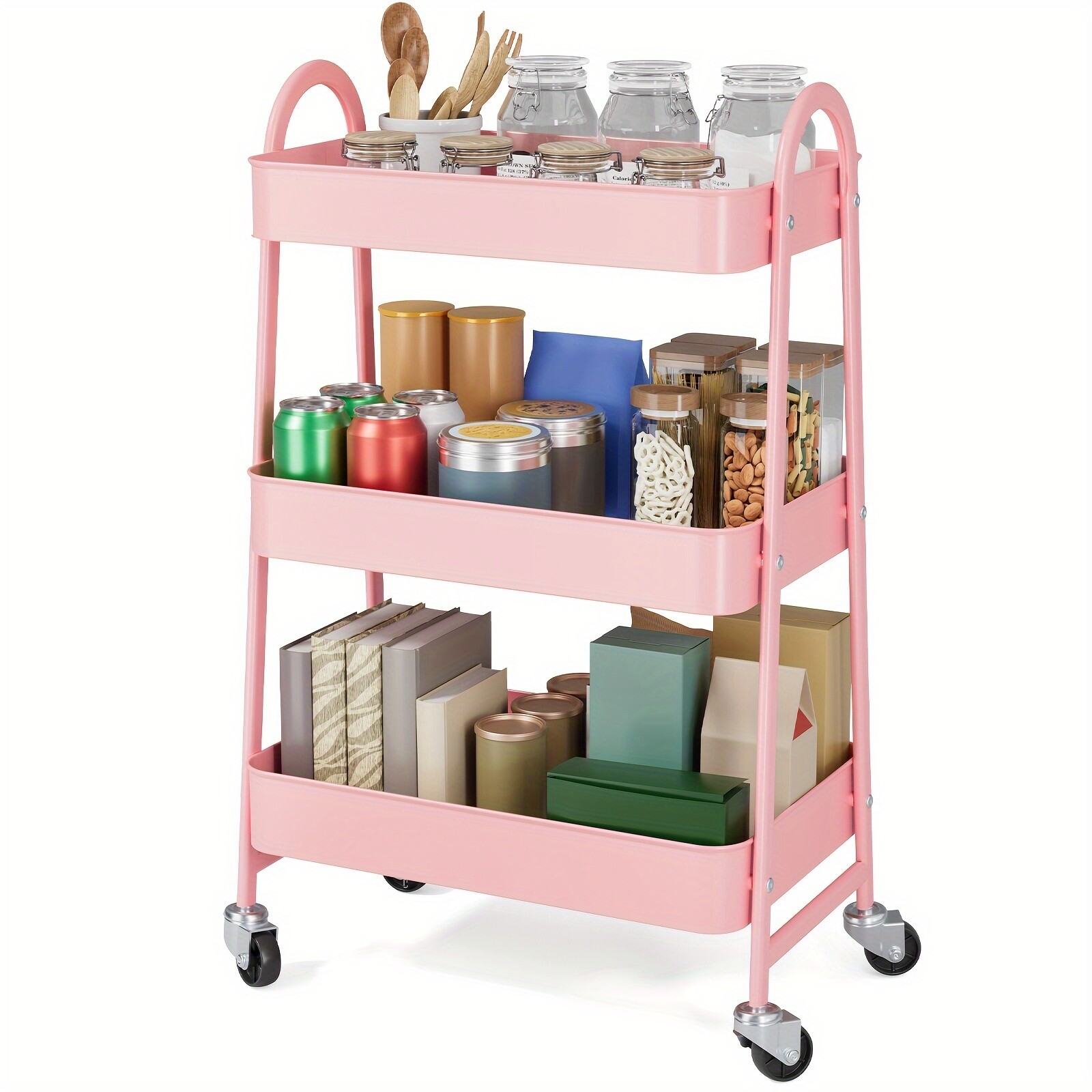 3-Tier Rolling Kitchen Cart, Metal Frame with Plastic Wheels, Space-Saving