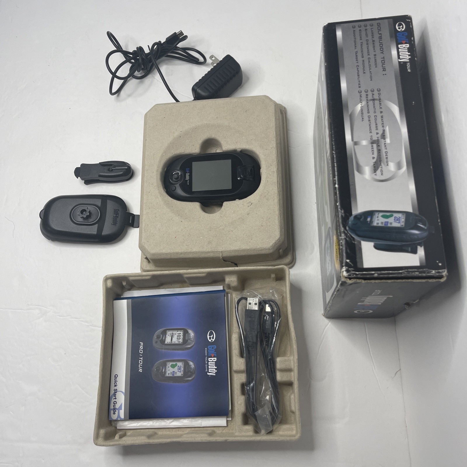 Golf Buddy Tour with Manuals, Belt Clip, Wall Charger, and USB charging cable.