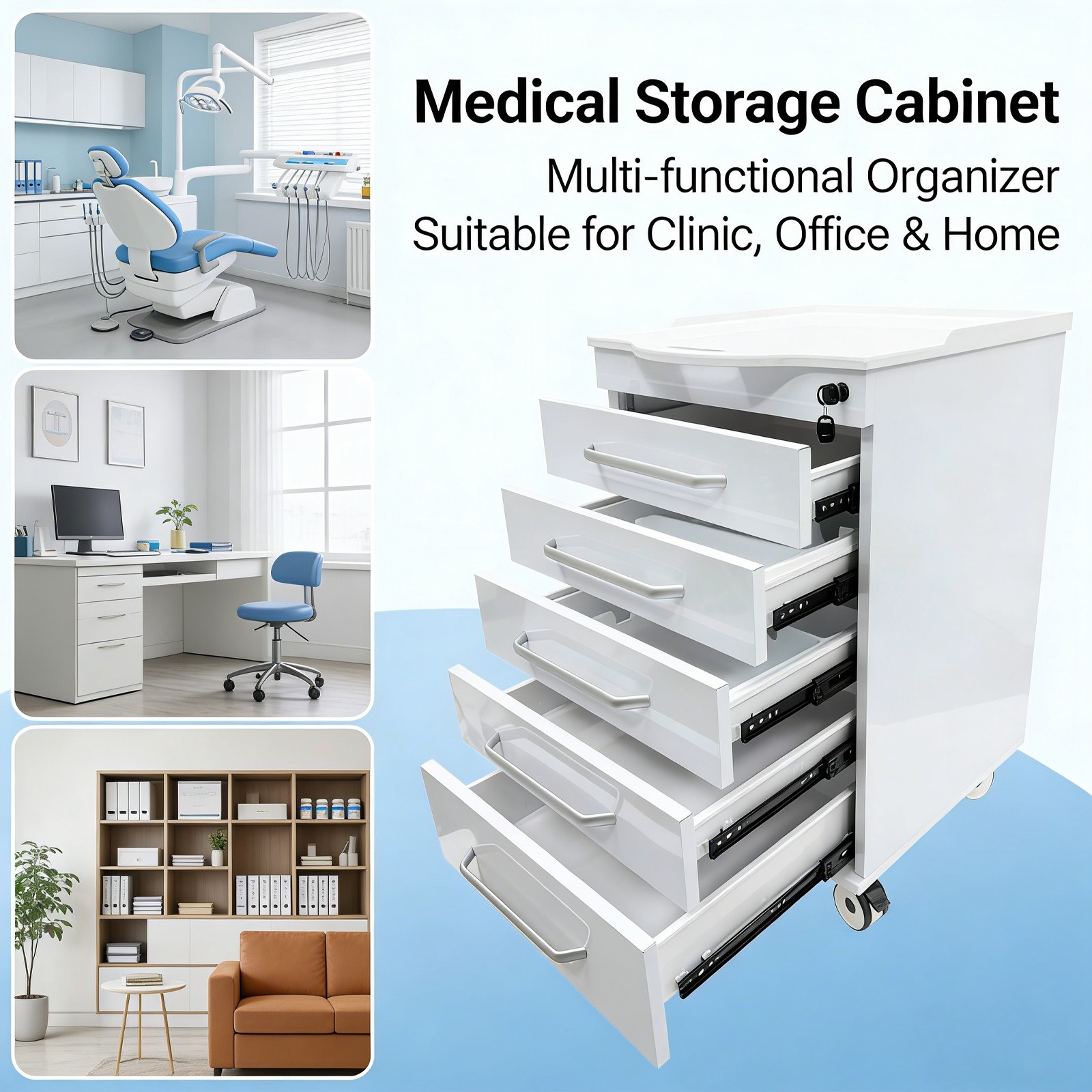 5-Drawer Clinic Office Side Cabinet Mobile Cart Heavy Duty Steel Medical Trolley