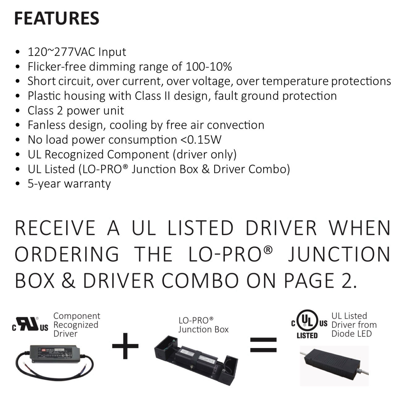 Diode Led LO-PRO J-BOX & driver Combo Dimmable Led Driver 12V 60 watt