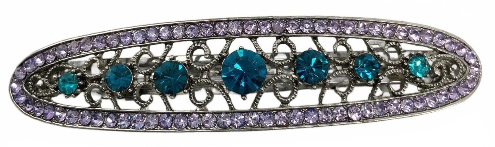 Vintage Silver Tone Rhinestone Art Nouveau Style Hair Barrette Blue Purple